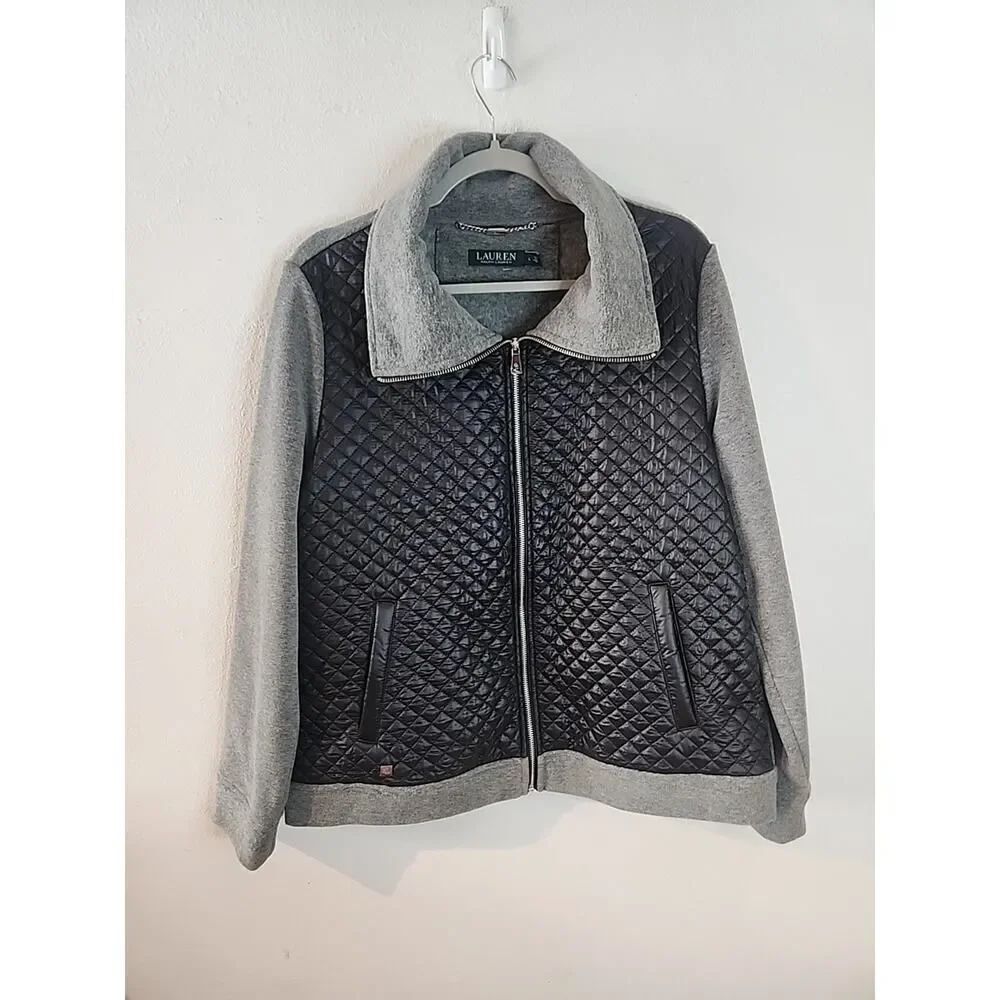 Women’s Lauren Ralph Lauren Quilted Full Zip Jacket Black Gray Sweatshirt Large